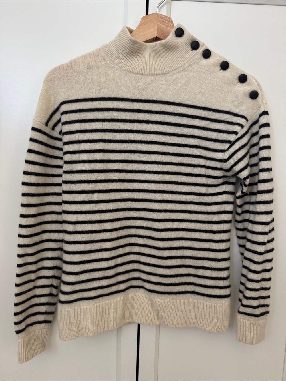 Bloomingdale's Cream & Black Striped Turtleneck Sweater with Shoulder Buttons